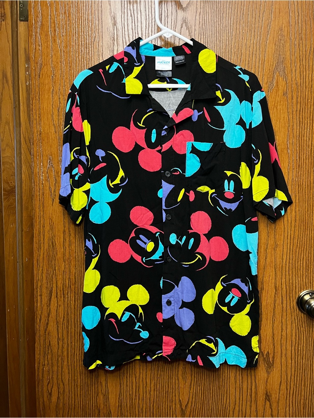 Disney Black Short-Sleeve Button-Up Shirt with Multicolor Mickey Heads